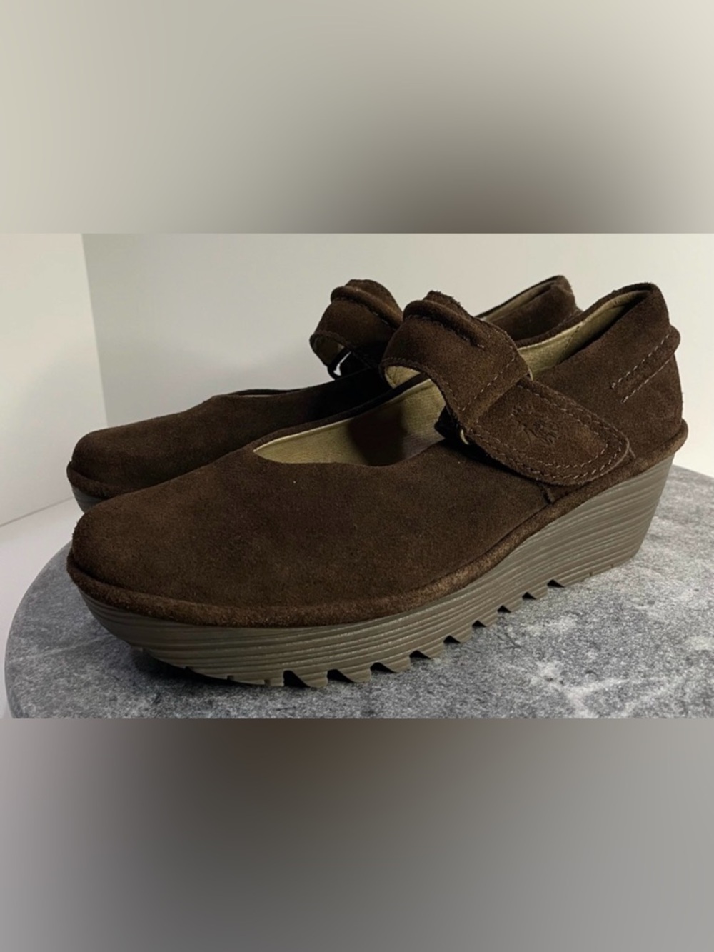 Fly London Robi Suede Leather Brown Mary Jane Wedge Heels 38